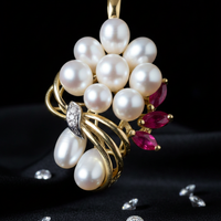 Yellow gold freshwater pearl cluster and ruby pendant - full view