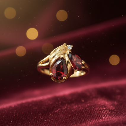 10K yellow gold pear garnet leaf ring luxury editorial marketing photo