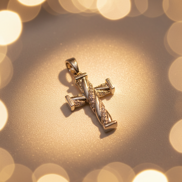 14K white gold diamond cross pendant with twisted rope design and pavé diamonds, angle 2