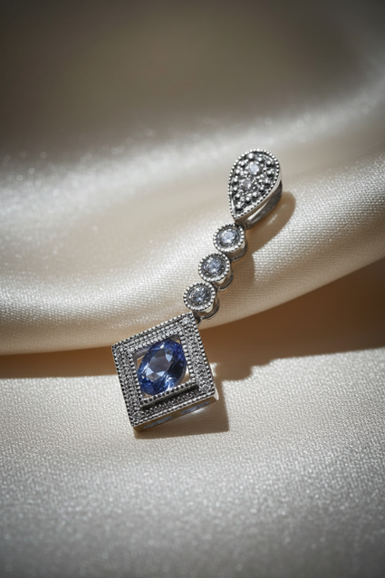 14K White Gold Diamond & Oval Tanzanite Art Deco Drop Pendant - Angle View