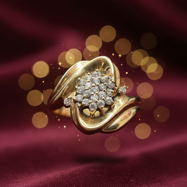 10K yellow gold diamond cluster swirl bypass ring luxury editorial marketing photo
