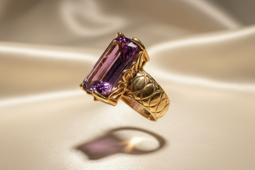 14K Yellow Gold Emerald-Cut Amethyst Sculptural Ring - side view showing 7mm band