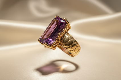 14K Yellow Gold Emerald-Cut Amethyst Sculptural Ring - side view showing 7mm band