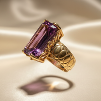 14K Yellow Gold Emerald-Cut Amethyst Sculptural Ring - side view showing 7mm band