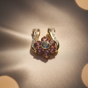 14K Two-Tone Gold Pink Tourmaline Blue Topaz Diamond Horseshoe Slide Pendant - Marketing Image 1