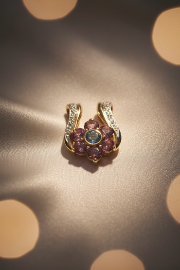 14K Two-Tone Gold Pink Tourmaline Blue Topaz Diamond Horseshoe Slide Pendant - Marketing Image 1