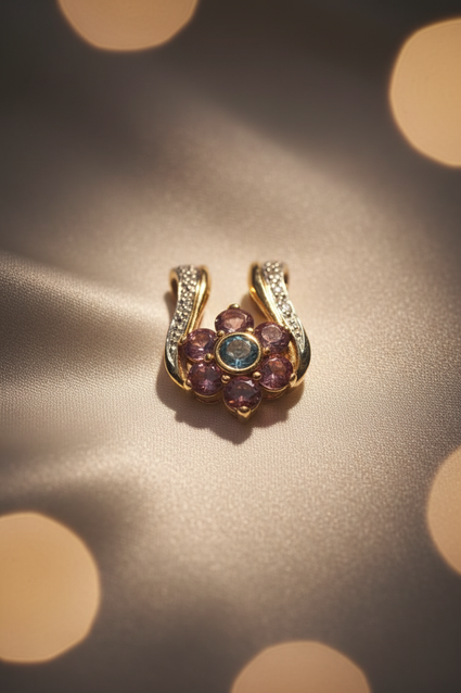 14K Two-Tone Gold Pink Tourmaline Blue Topaz Diamond Horseshoe Slide Pendant - Marketing Image 1