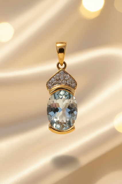 14K yellow gold .97ct aquamarine and diamond pendant, front view