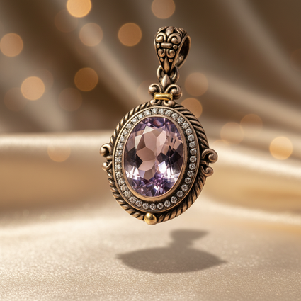 Sterling Silver & 18K Yellow Gold Oval Amethyst & White Topaz Halo Pendant 13x9mm - Three-Quarter View