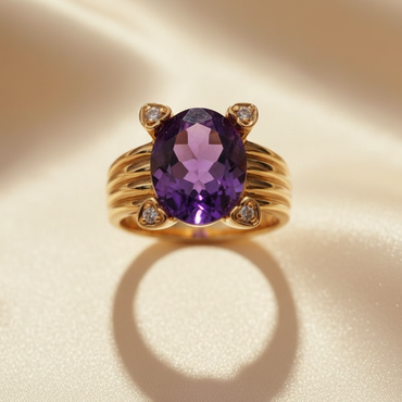 14K Yellow Gold Oval Amethyst and Diamond Ring - front view