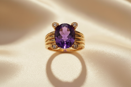 14K Yellow Gold Oval Amethyst and Diamond Ring - front view