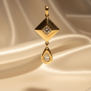 14K yellow gold diamond kite and teardrop two-part drop pendant with chain, front view