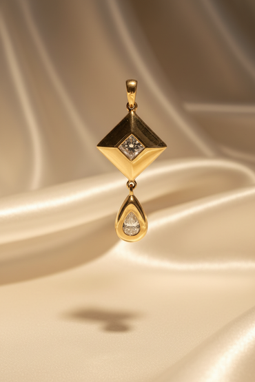 14K yellow gold diamond kite and teardrop two-part drop pendant with chain, front view