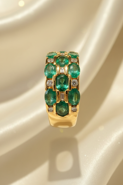 14K yellow gold three-row oval emerald and .16ctw diamond wide band ring, front view