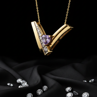 14K Yellow Gold Trillion Amethyst Diamond Chevron Necklace - Three-Quarter Angle