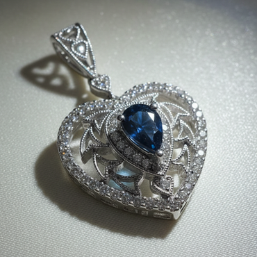 18K White Gold Sapphire & Diamond Vintage Filigree Heart Pendant - angle 3