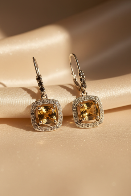 Sterling Silver Citrine Smokey Quartz Diamond Leverback Earrings - Marketing Image 1