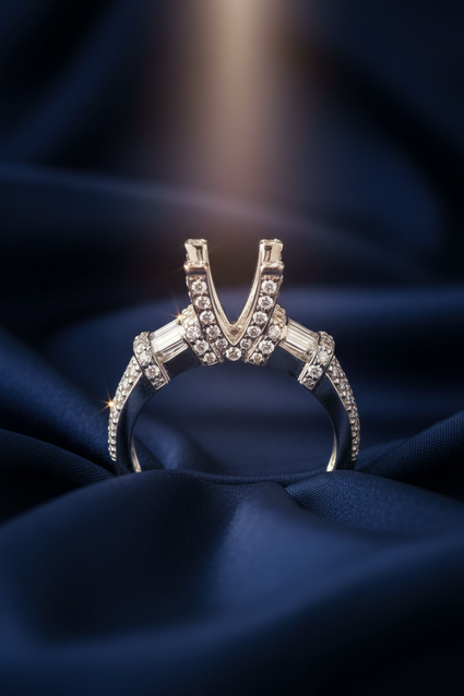 18K White Gold Baguette and Pavé V-Shank Cathedral Diamond Semi-Mount Engagement Ring on midnight blue silk backdrop editorial marketing image