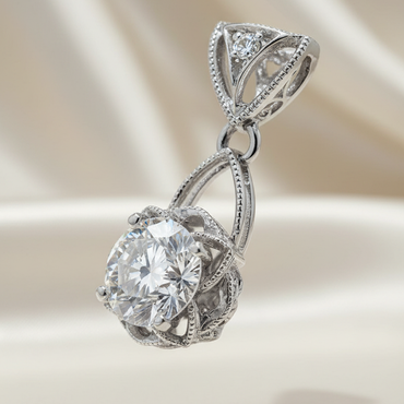 18K white gold .52ctw diamond filigree flower basket drop pendant, elevated side view