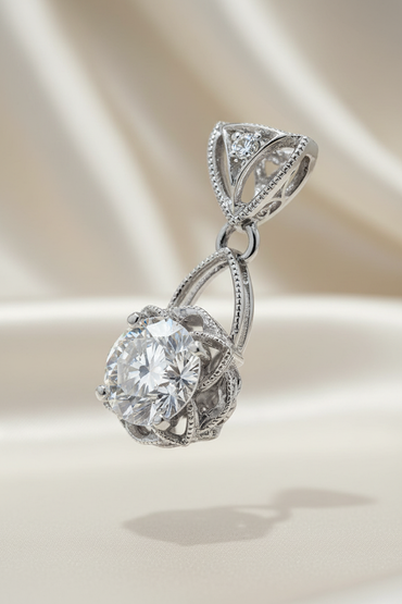 18K white gold .52ctw diamond filigree flower basket drop pendant, elevated side view