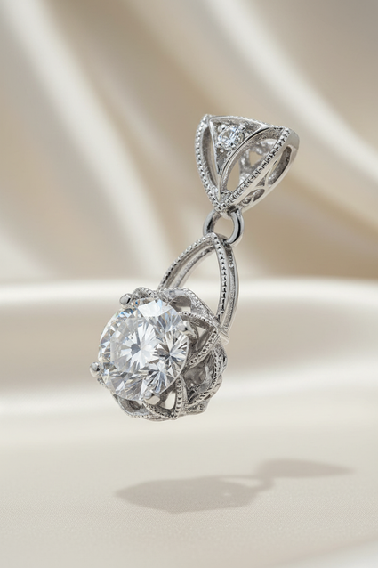 18K white gold .52ctw diamond filigree flower basket drop pendant, elevated side view