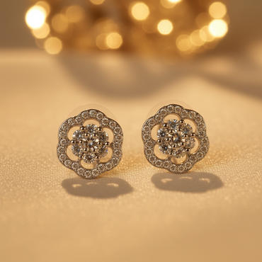10K white gold pavé diamond camellia flower cluster stud earrings with round brilliant diamonds, angle 2