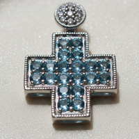 14K white gold blue topaz and diamond square cross pendant, side profile