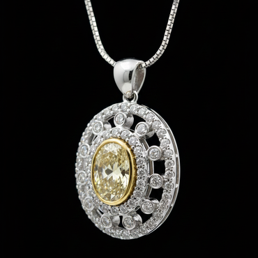14K White Gold Fancy Yellow Diamond Oval Halo Pendant - Three-Quarter Angle