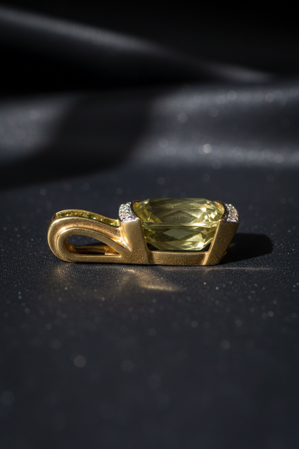 14K Yellow Gold Olive Quartz Peridot and Diamond Pendant – Side Profile