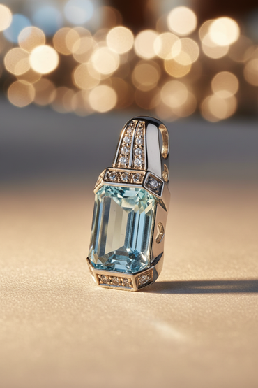 14K White Gold Emerald-Cut Aquamarine & Diamond Pendant - editorial three-quarter