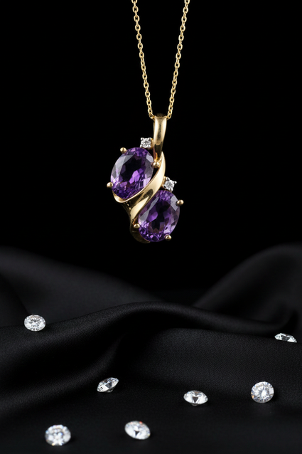 14K White Gold Dual Oval Amethyst Diamond Bypass Pendant - Full View
