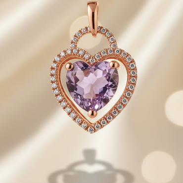 10K Rose Gold Heart Amethyst & Diamond Double Halo Pendant - front view