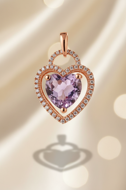 10K Rose Gold Heart Amethyst & Diamond Double Halo Pendant - front view