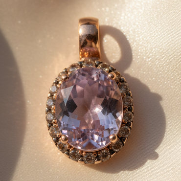 14K rose gold amethyst and smoky quartz halo pendant, front view