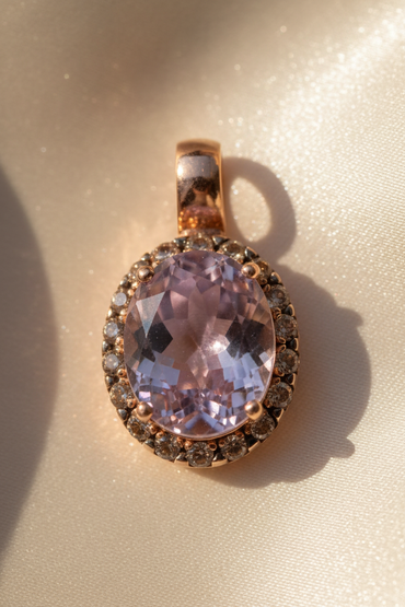 14K rose gold amethyst and smoky quartz halo pendant, front view