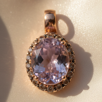 14K rose gold amethyst and smoky quartz halo pendant, front view