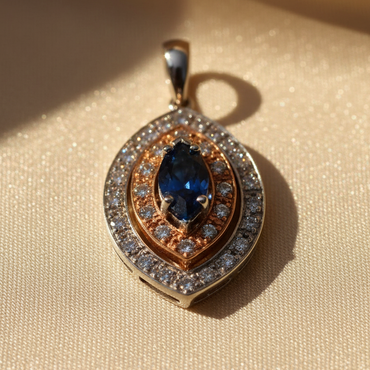14K White & Rose Gold Marquise Sapphire & Diamond Double Halo Pendant – Detail View