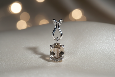 14K White Gold Oval Smoky Quartz Pendant with Wishbone Bail - front view