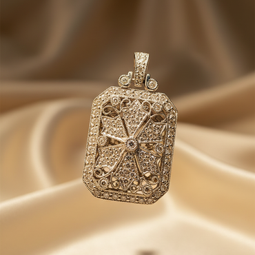 18K white gold .51ctw diamond art deco filigree cross pendant, top-down view