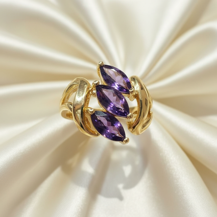 10K Yellow Gold Three-Stone Marquise Amethyst Fan Ring - Front View