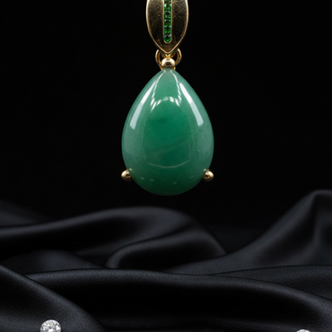 14K Yellow Gold 4ct Fancy Pear Emerald Cabochon Pendant - Full View