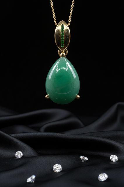 14K Yellow Gold 4ct Fancy Pear Emerald Cabochon Pendant - Full View