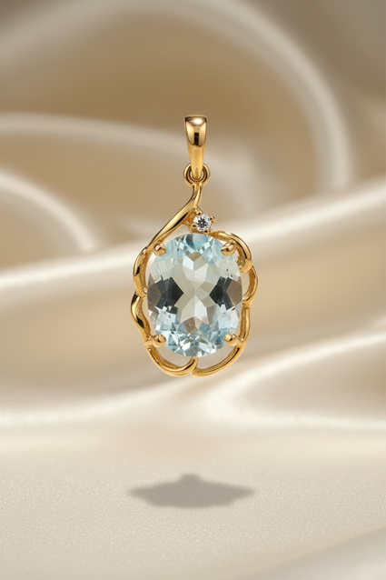 18K Yellow Gold Large Oval Aquamarine & Diamond Filigree Pendant – Front View