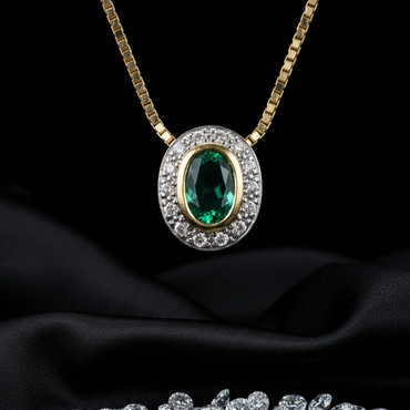 14K Yellow Gold Oval Emerald Diamond Halo Pendant Necklace - Front Close-Up