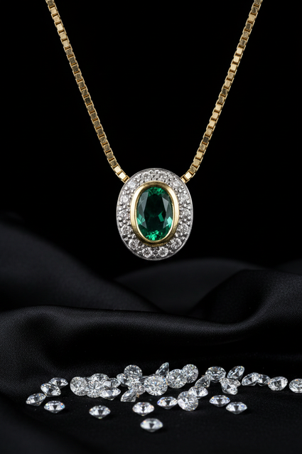 14K Yellow Gold Oval Emerald Diamond Halo Pendant Necklace - Front Close-Up