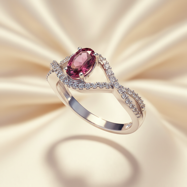 10K White Gold Oval Pink Tourmaline Ring with Diamond Infinity Bypass Shank - Three-Quarter View