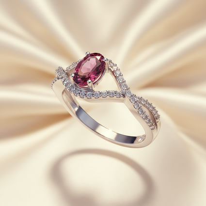 10K White Gold Oval Pink Tourmaline Ring with Diamond Infinity Bypass Shank - Three-Quarter View