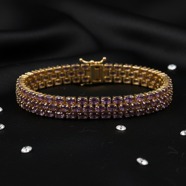 Sterling Silver Rose Gold Plated Three-Row Oval Amethyst Bracelet - Top View