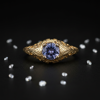 14K Yellow Gold Antique Filigree Tanzanite Ring - Front View