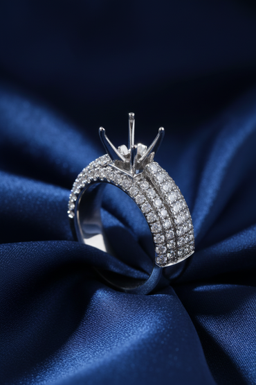 14K White Gold Wide Pavé Diamond Semi-Mount Engagement Ring on midnight blue silk backdrop editorial marketing image